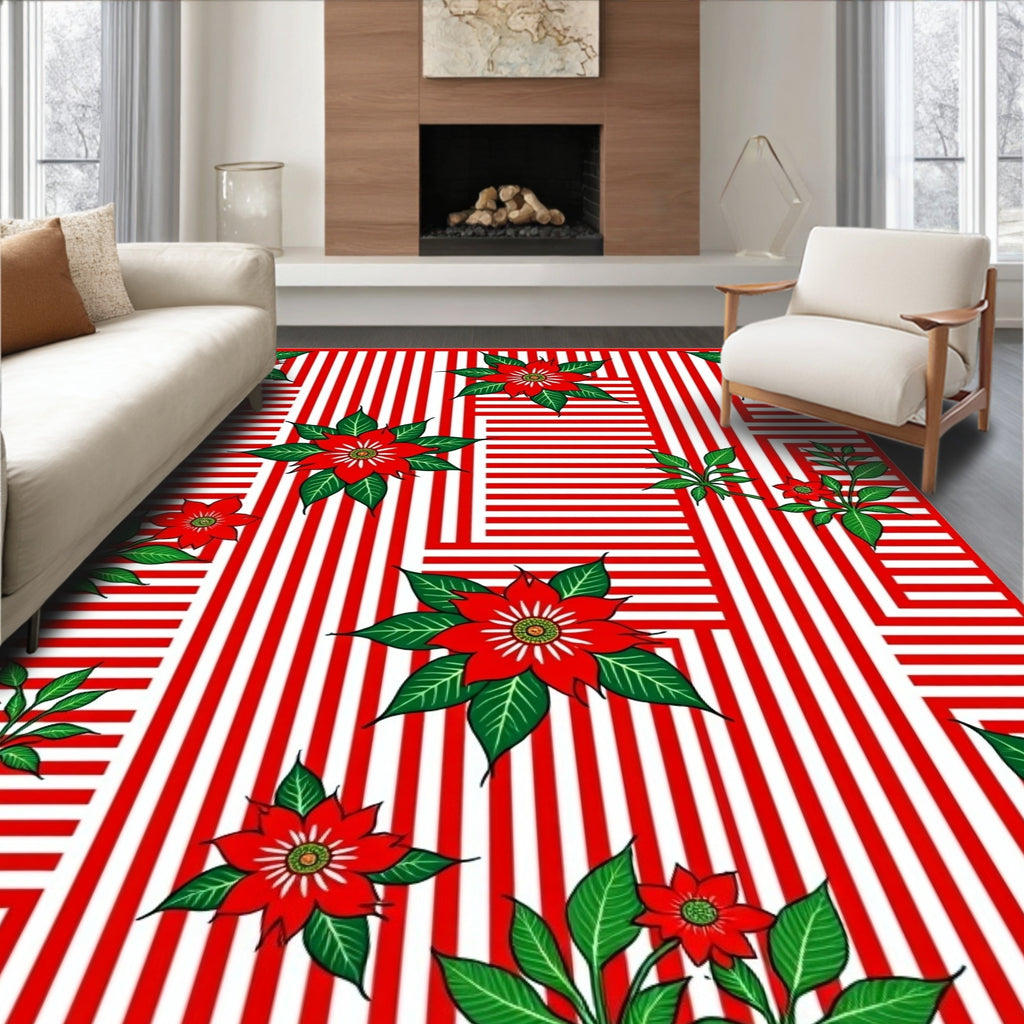 Red White Striped Poinsettia Collage Rug