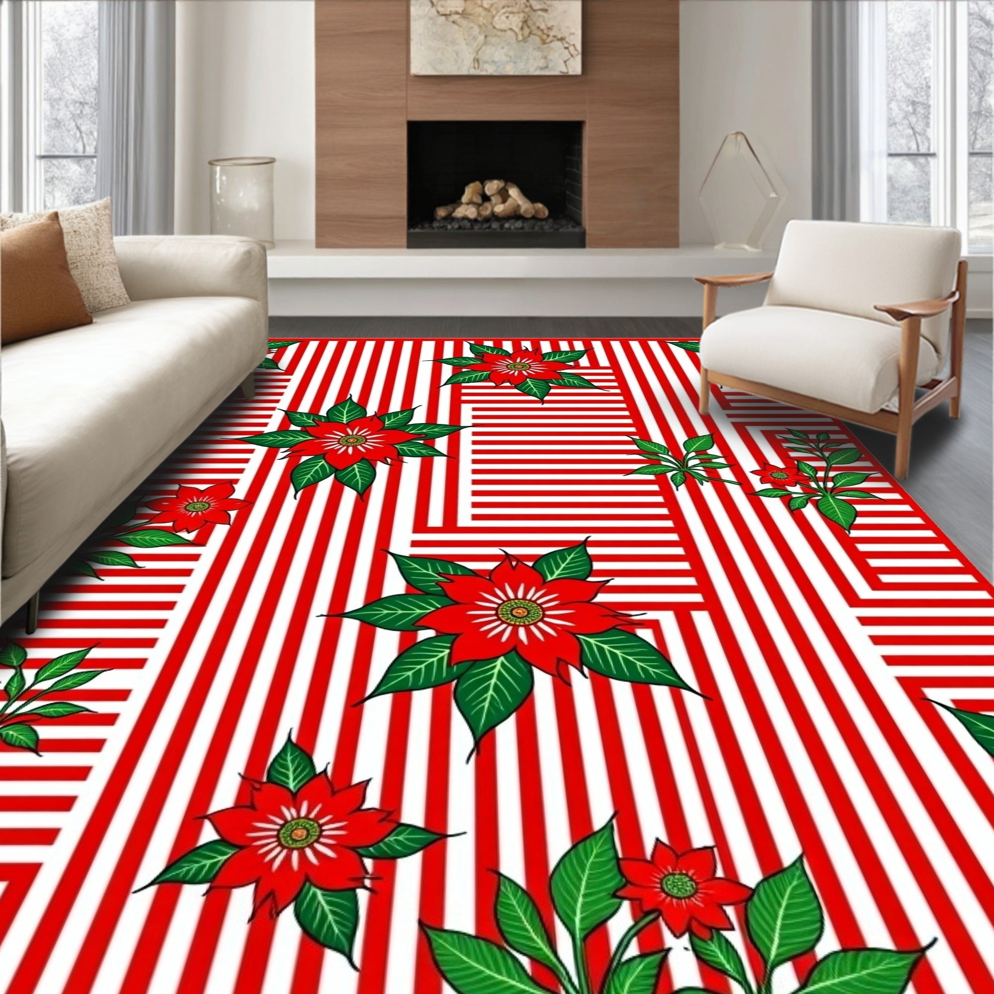 Red White Striped Poinsettia Collage Rug