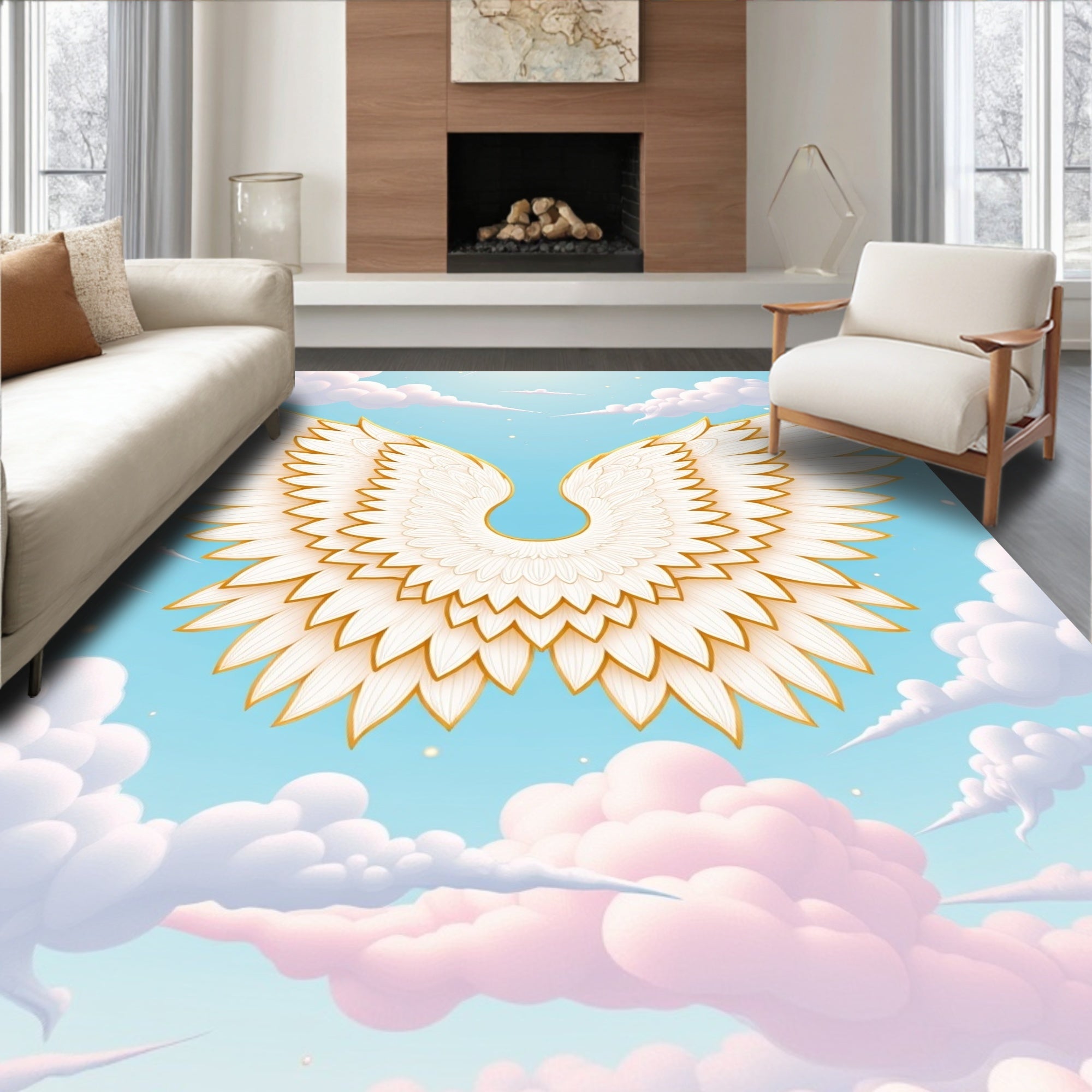 Gold Trimmed White Angelic Wings Sky Rug