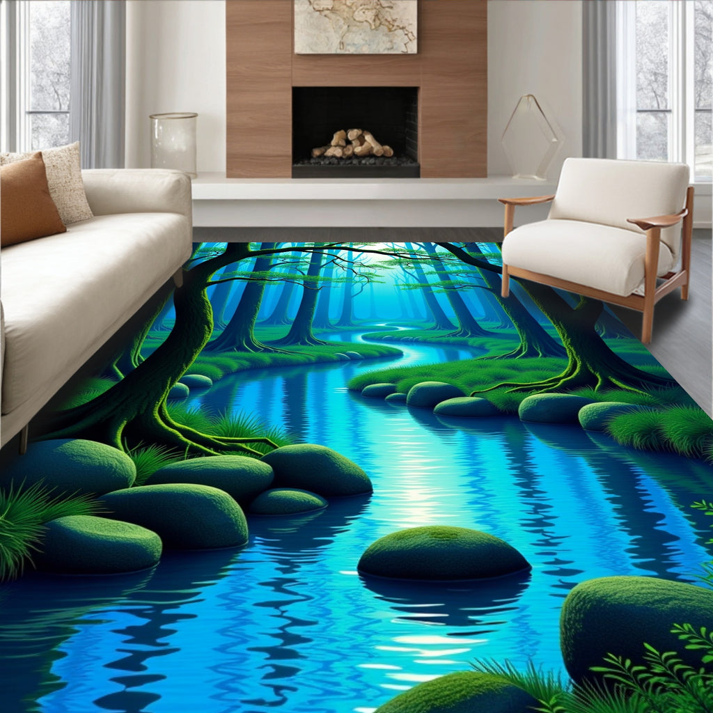 Mystical Verdant Forest River Scene Rug