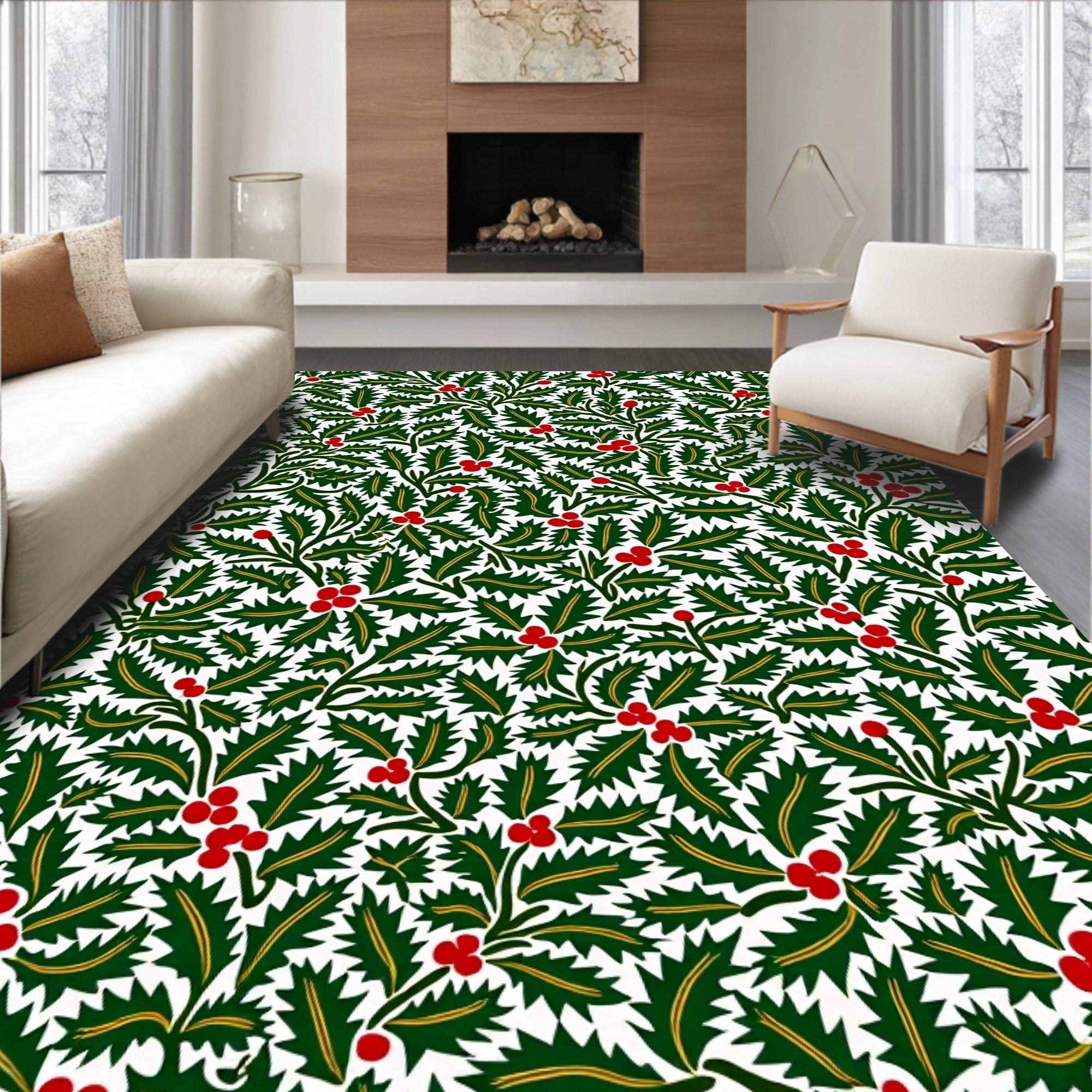 Classic Red Holly Berry Foliage Rug