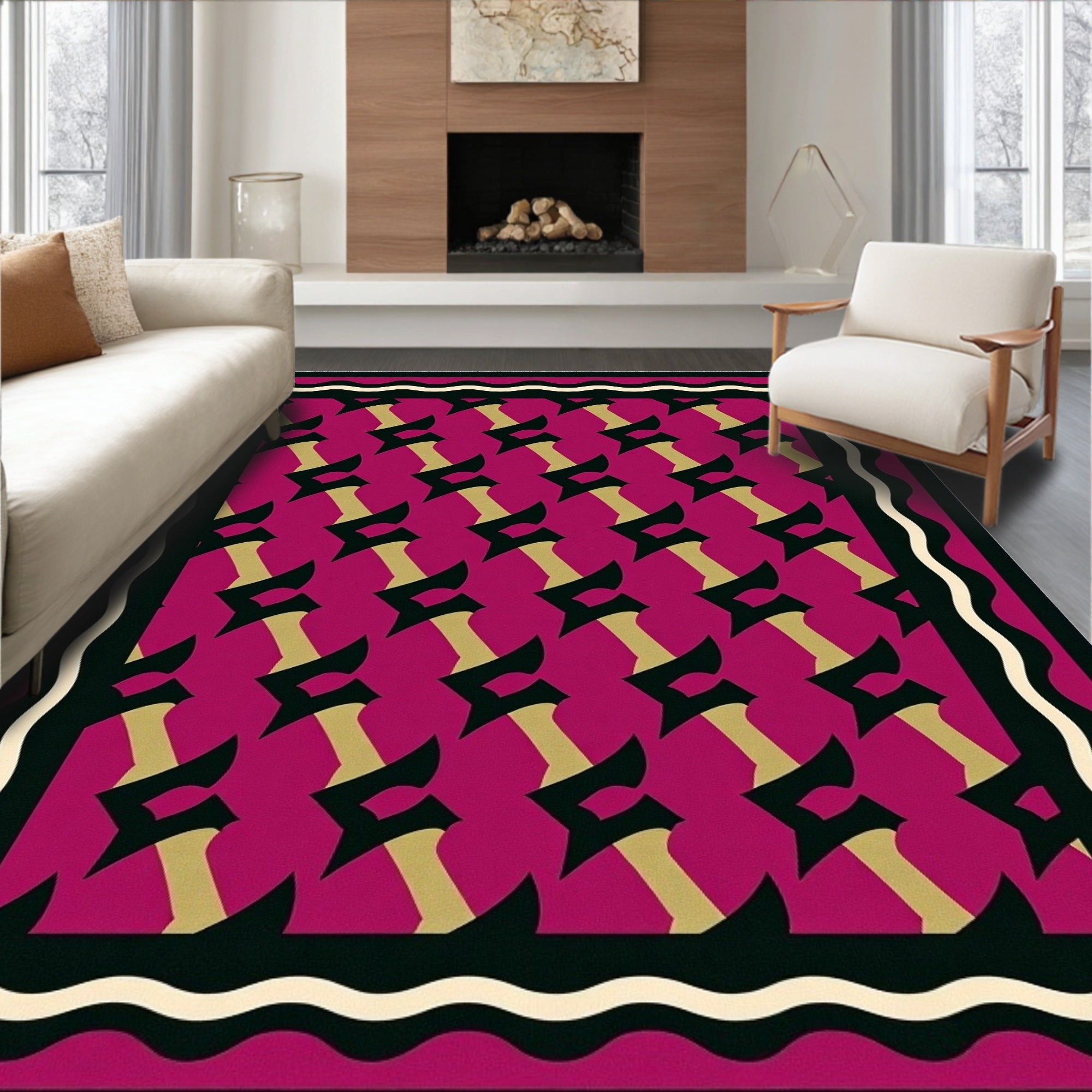 Bold Magenta Geometric interlocking Motif Rug