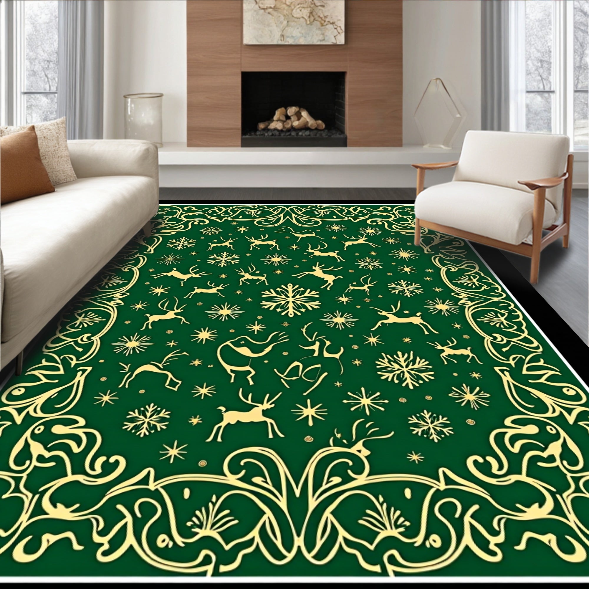 Golden Forest Reindeer Snowflake Meadow Rug