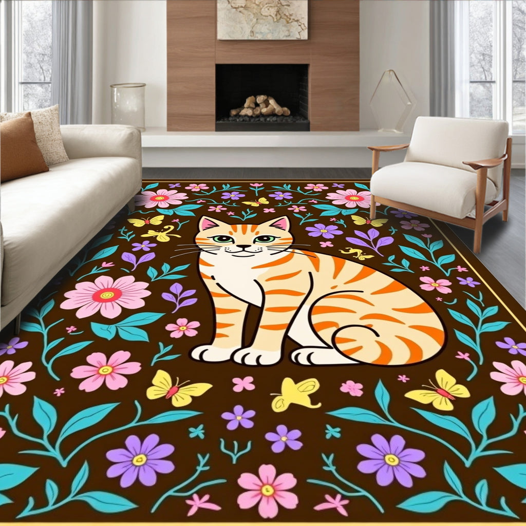 Whimsical Ginger Cat Floral Butterfly Garden Rug