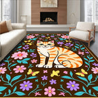 Whimsical Ginger Cat Floral Butterfly Garden Rug