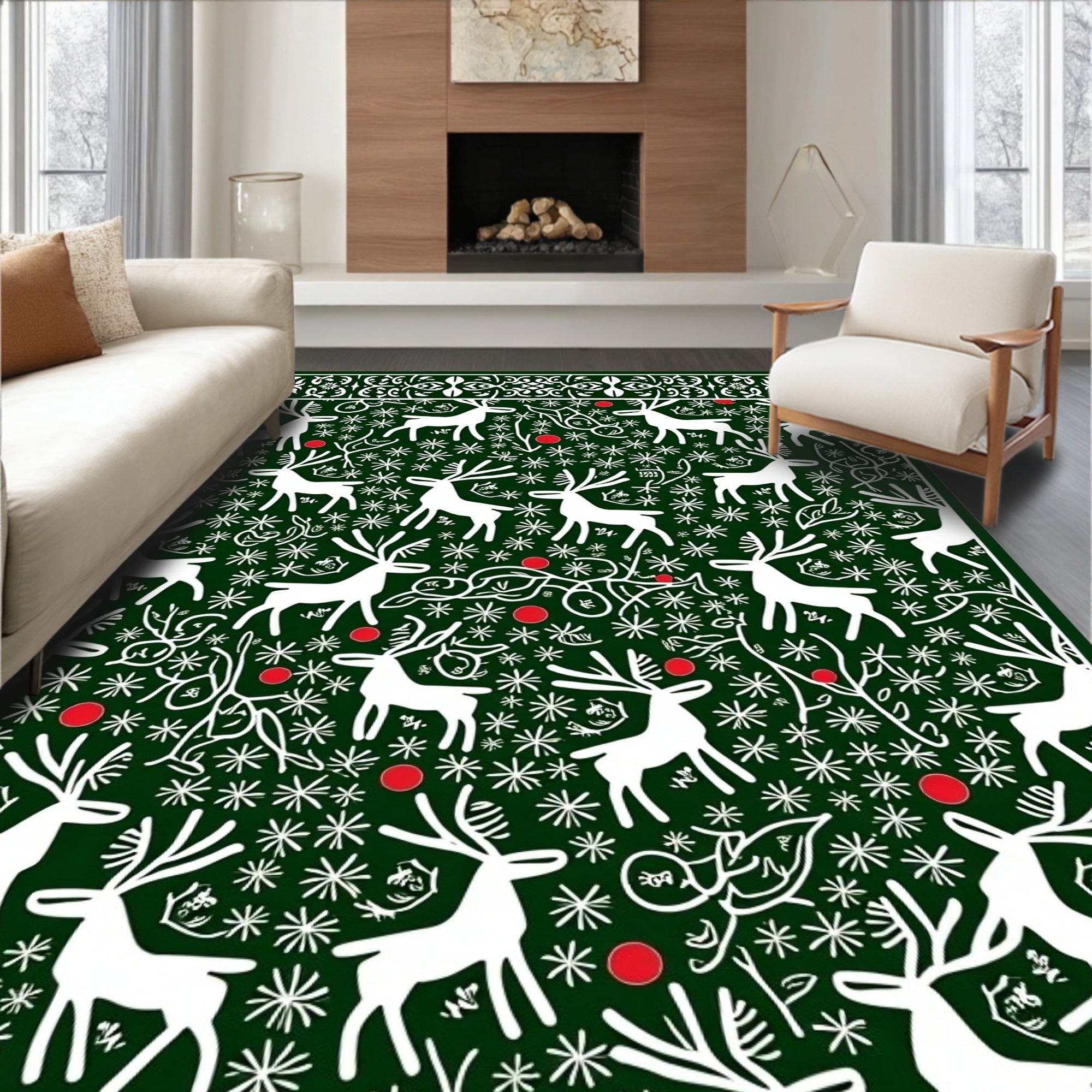 White Deer Green Snowflake Festive Border Rug
