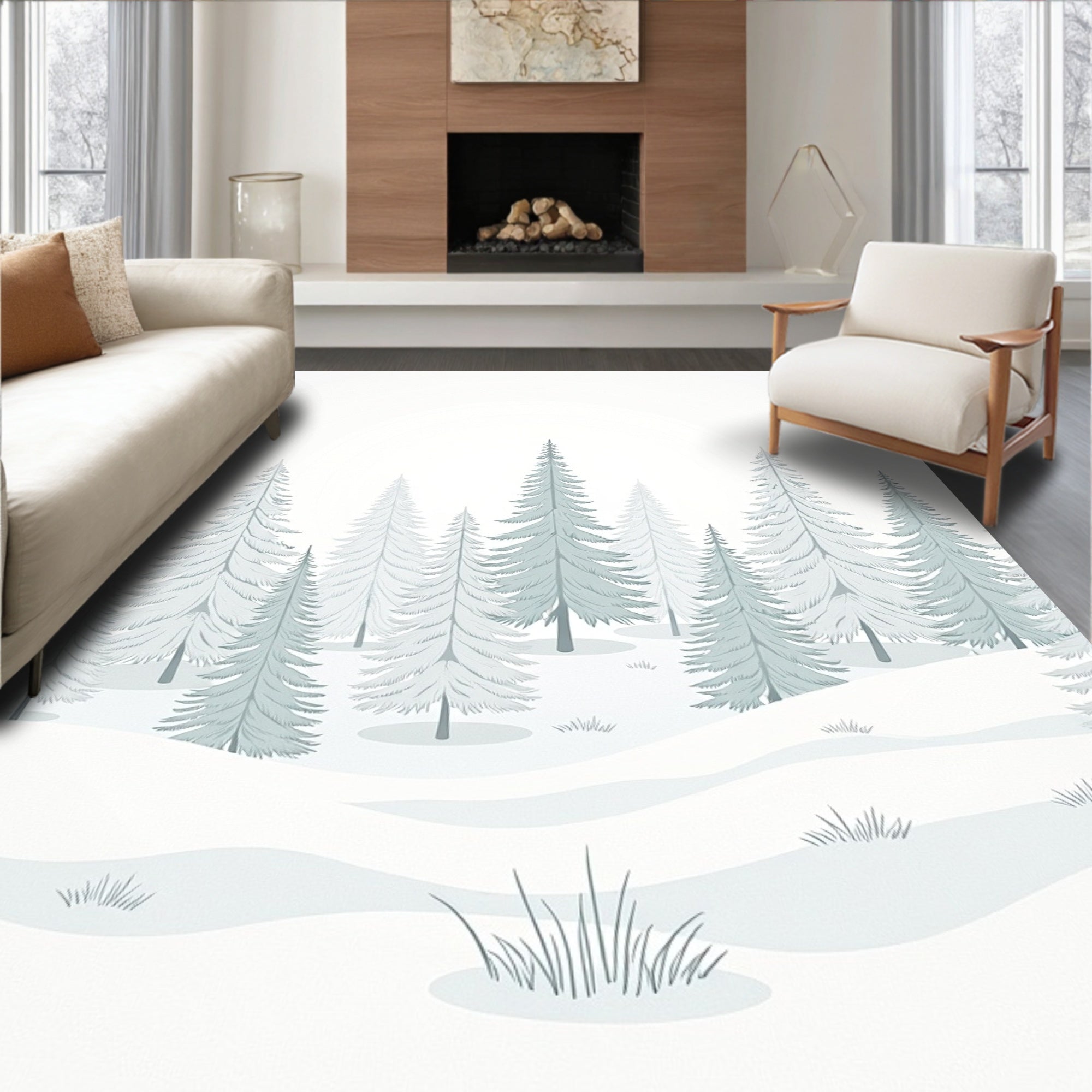 Winter Snow Covered Forest Scene Rug