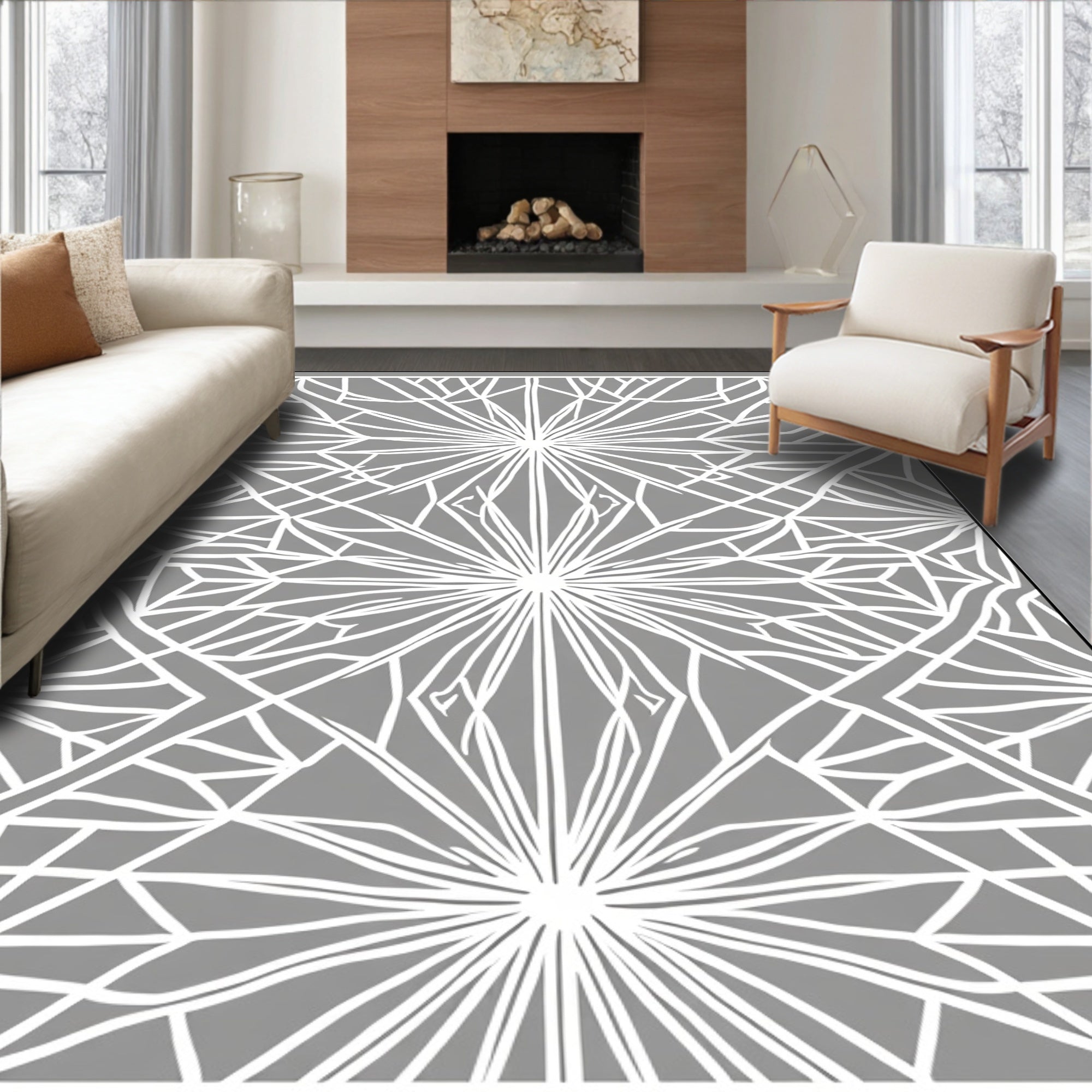 Gray White Geometric Sunburst Rug