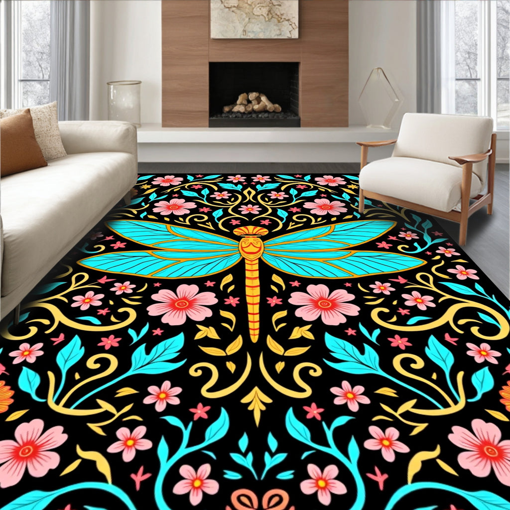 Turquoise Dragonfly Floral Garden Rug