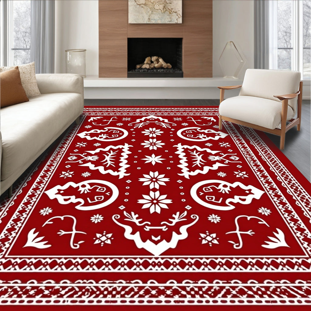 Crimson White Folk Art Medallion Rug