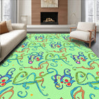 Whimsical Blue Orange Swirls Green Background Rug