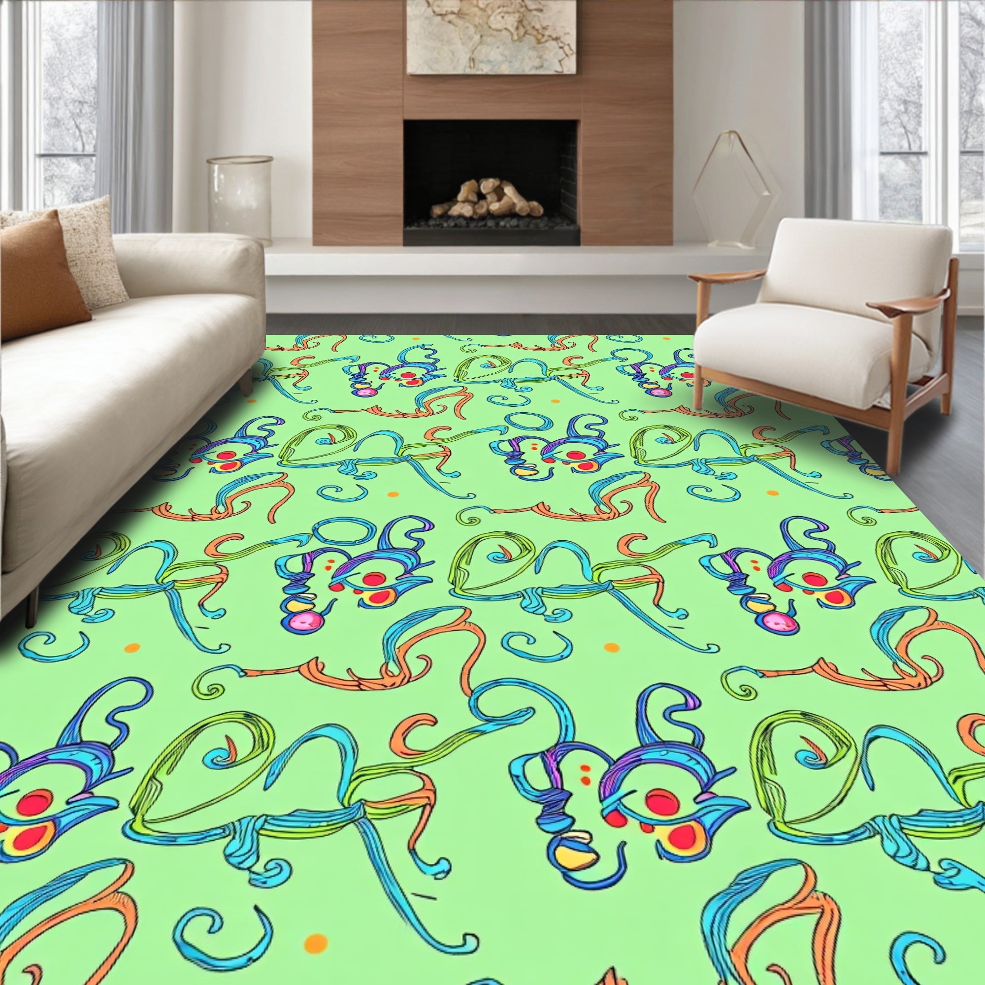 Whimsical Blue Orange Swirls Green Background Rug