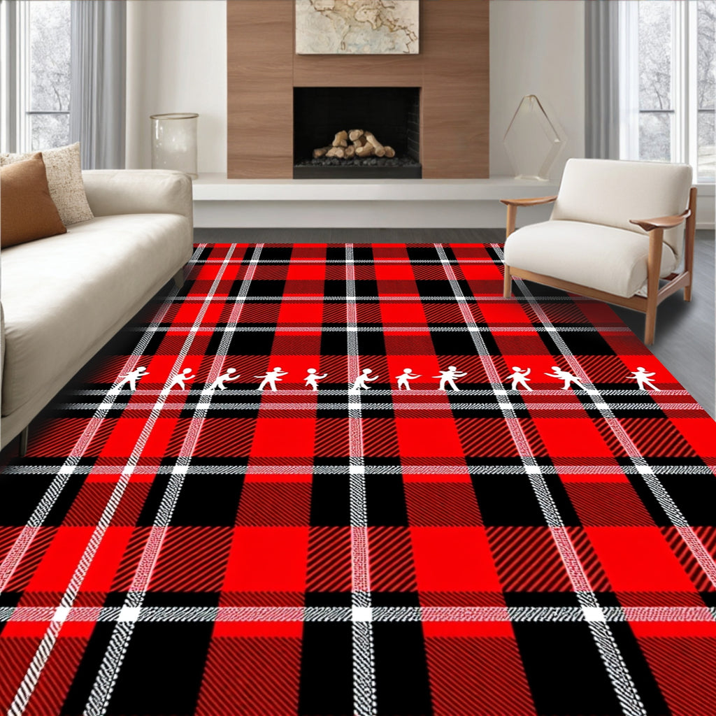 Red Black White Plaid People Silhouettes Rug