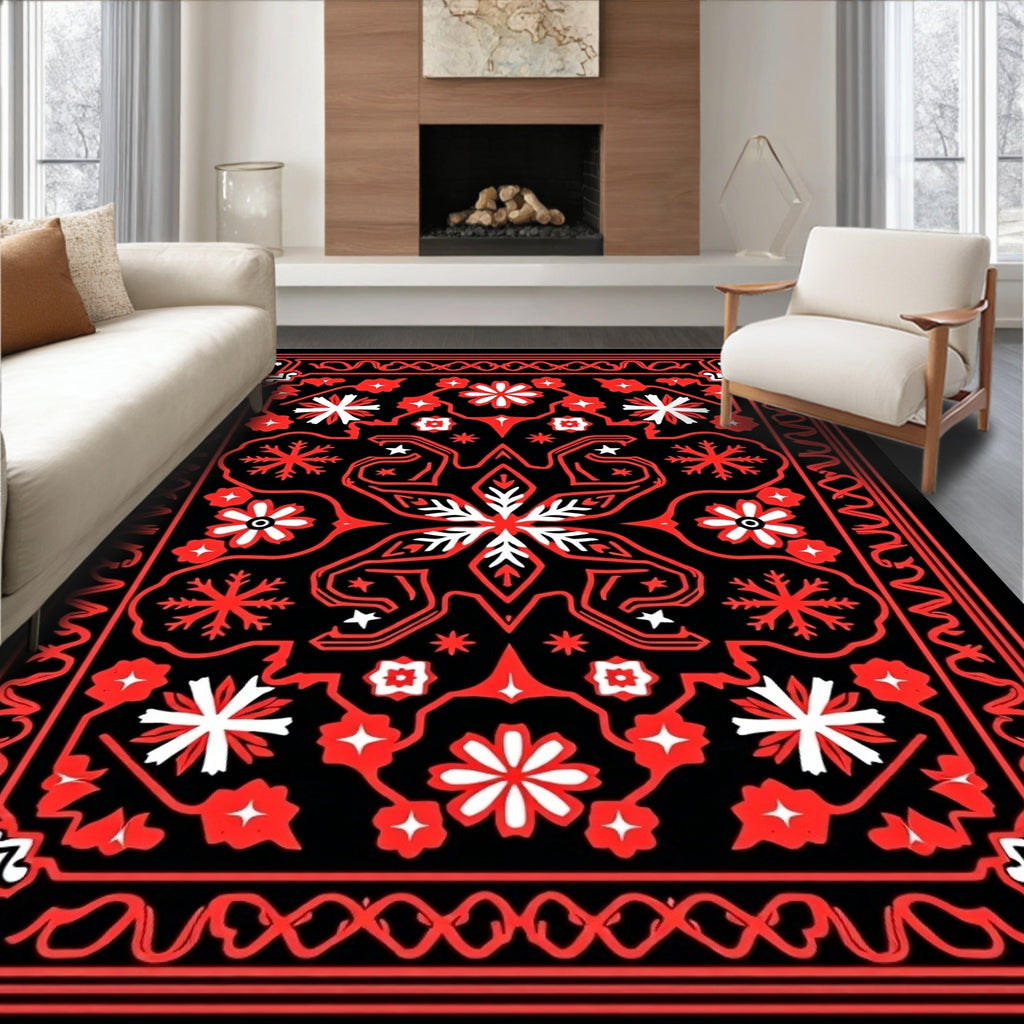 Bold Black Red Floral Starburst Medallion Rug