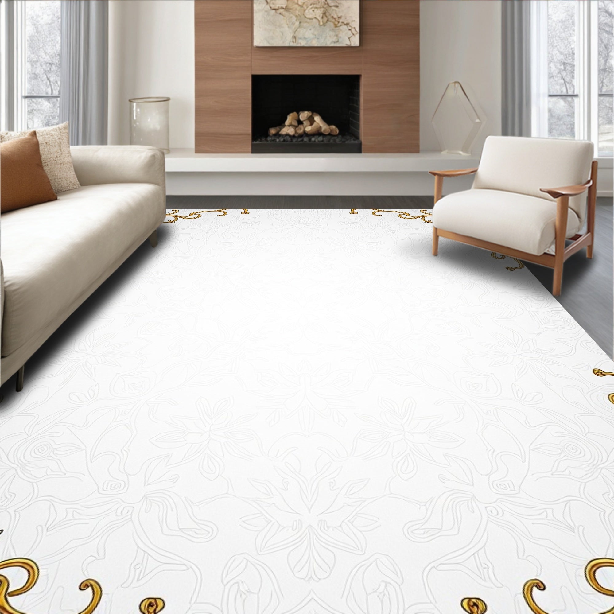 Golden Art Nouveau Floral Scroll Rug