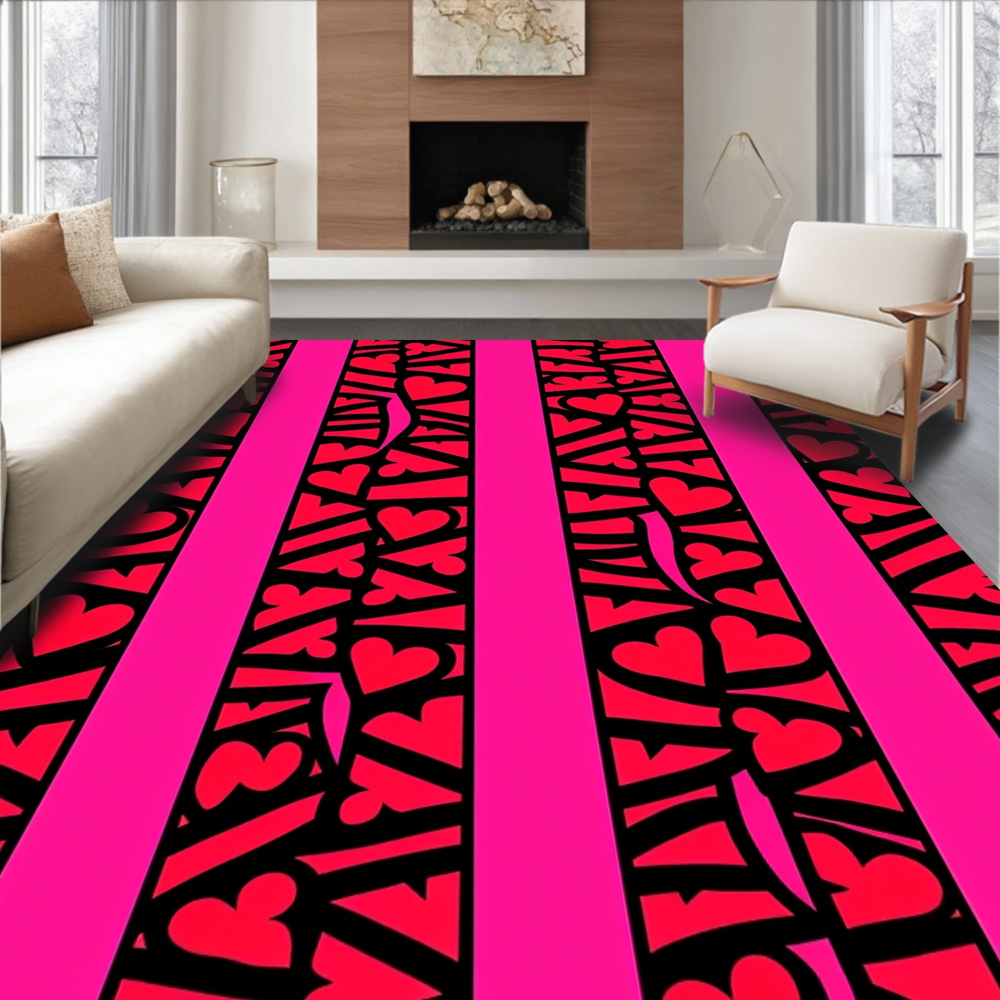 Pink Red Heart Stripe Rug