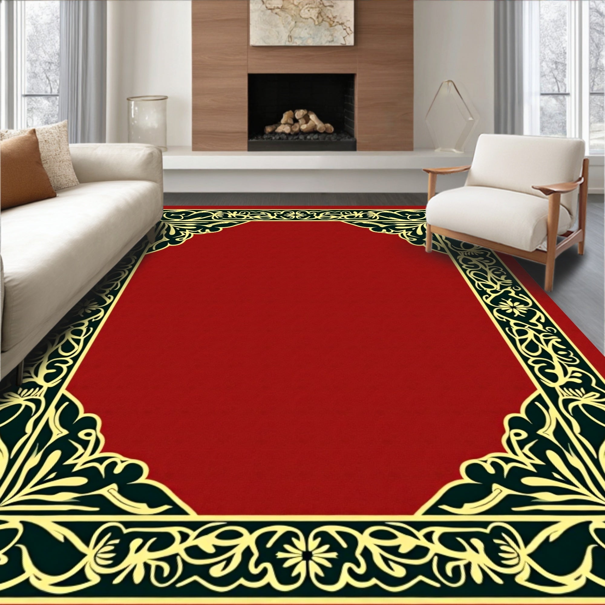 Crimson Gold Floral Vine Border Rug