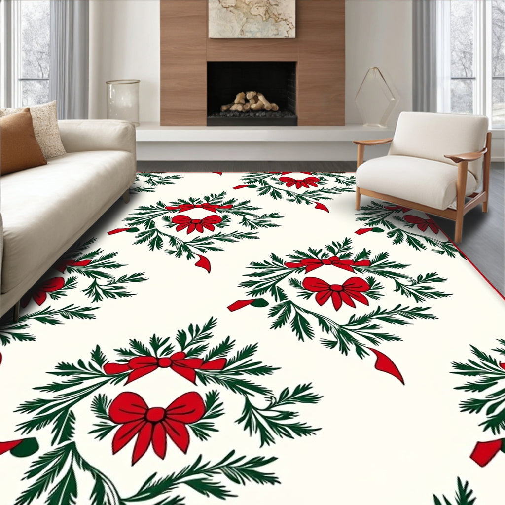 Christmas Floral Wreath Red Bows Rug