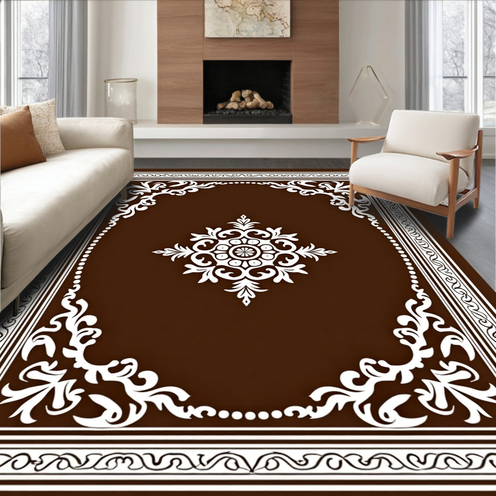 Rich Brown White Floral Medallion Border Rug