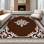 Rich Brown White Floral Medallion Border Rug
