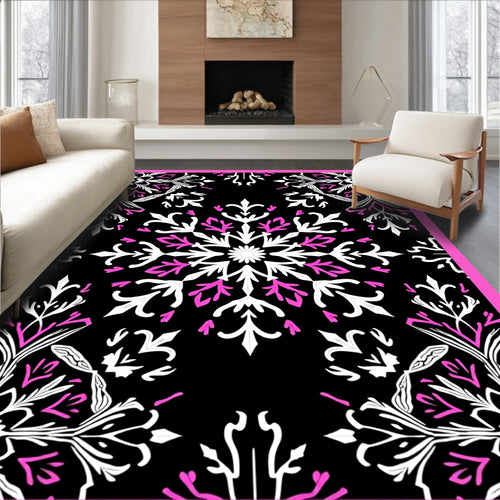Black White Pink Snowflake Medallion Rug