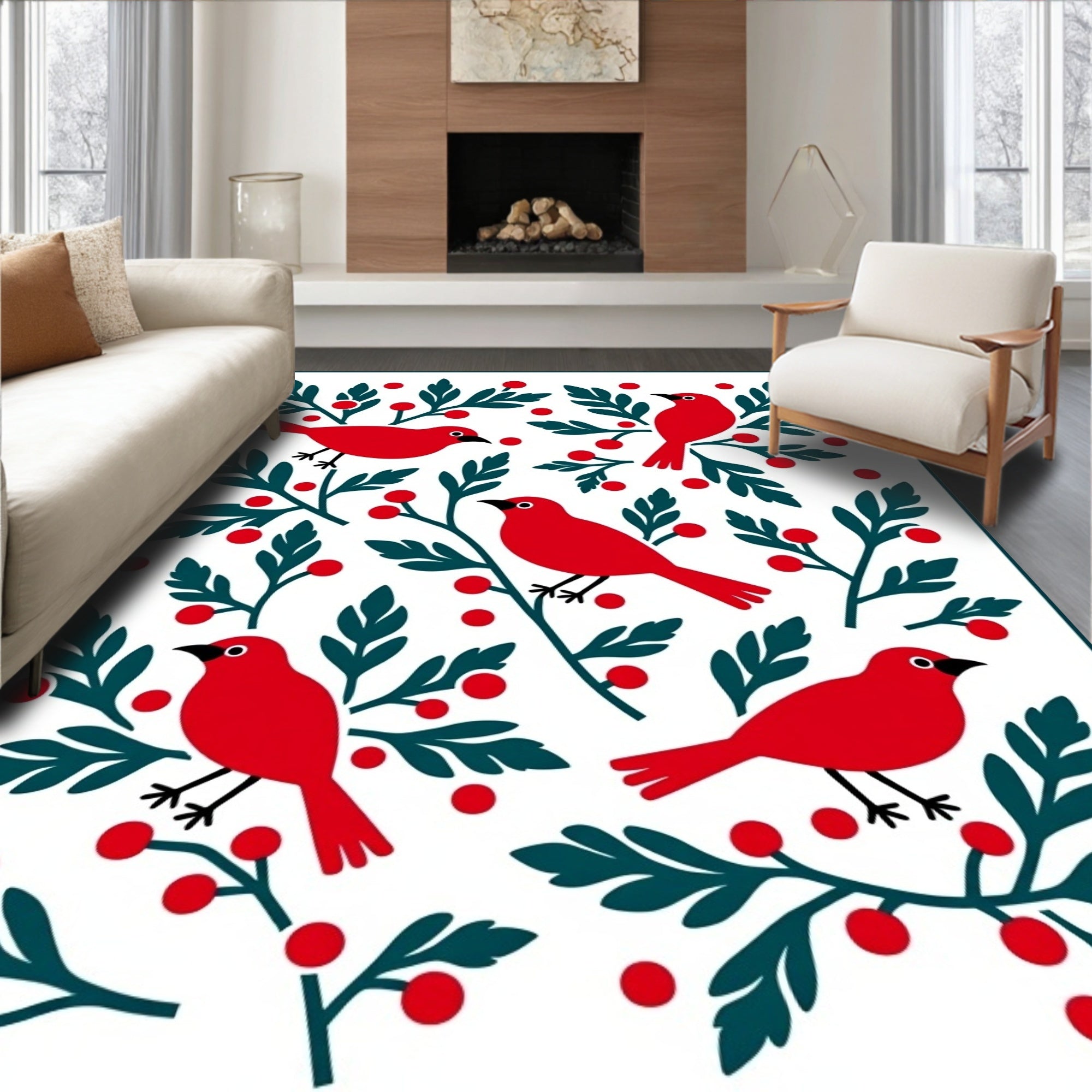 Red Birds Berry Branch Whimsical Folk Rug