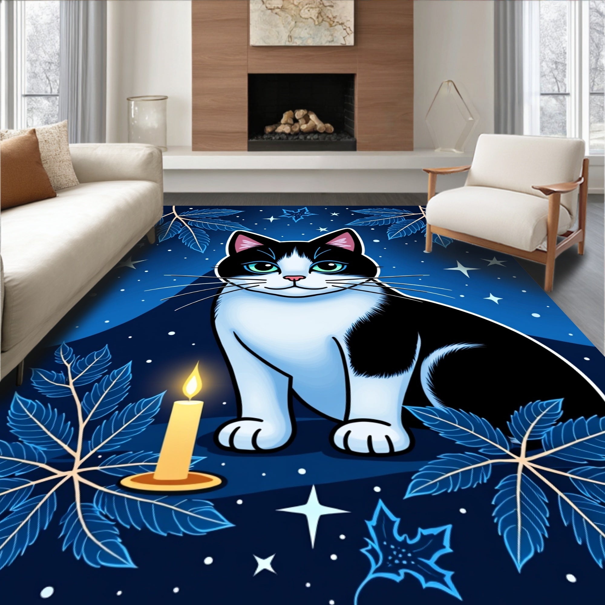Mystical Black White Cat Candle Stars Rug