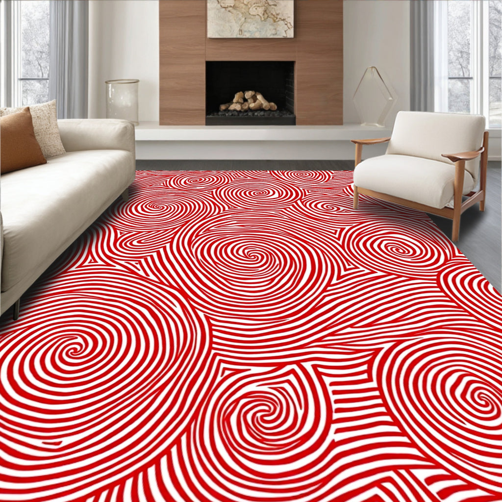 Vibrant Red Swirl Linear Abstract Rug