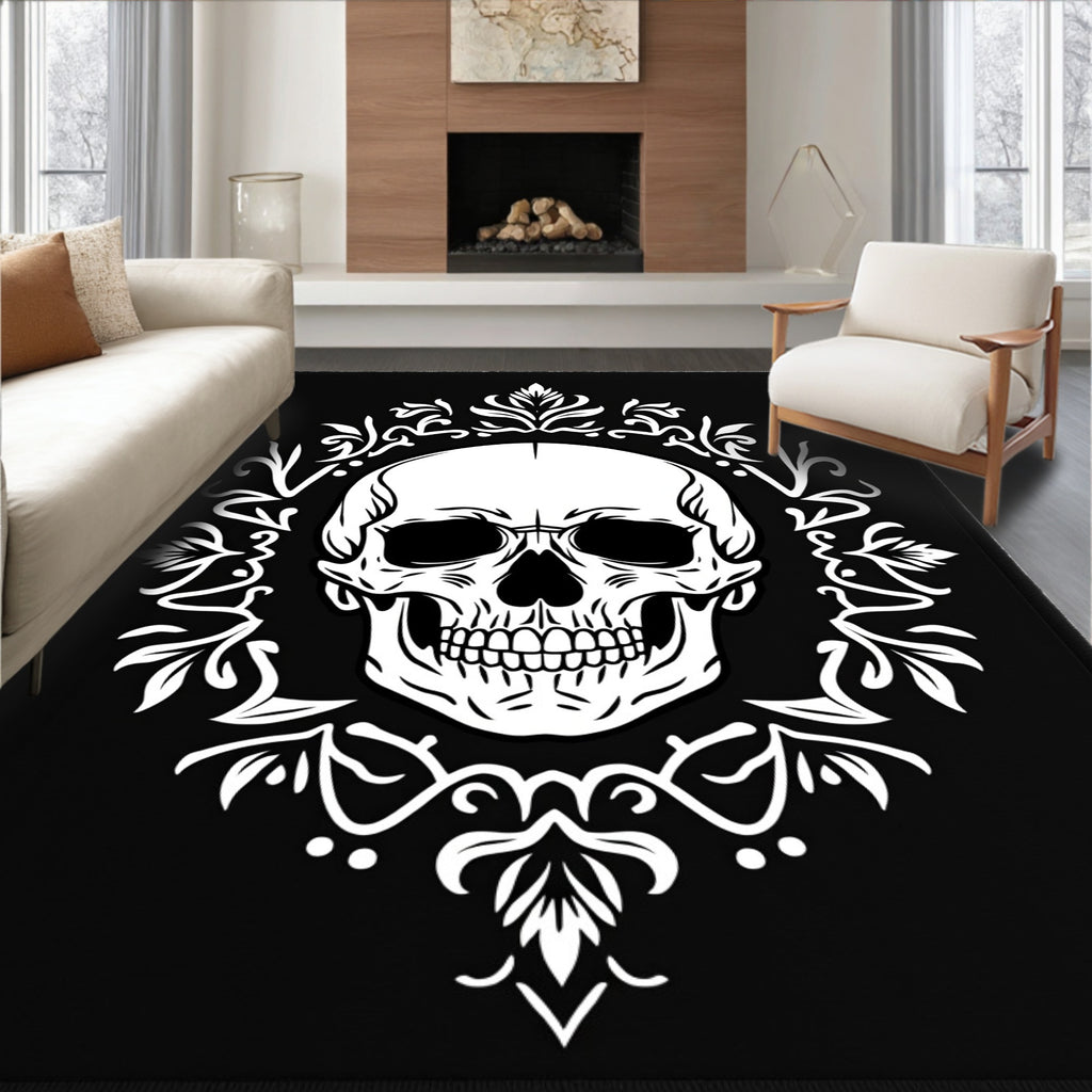 Gothic White Skull Damask Rug