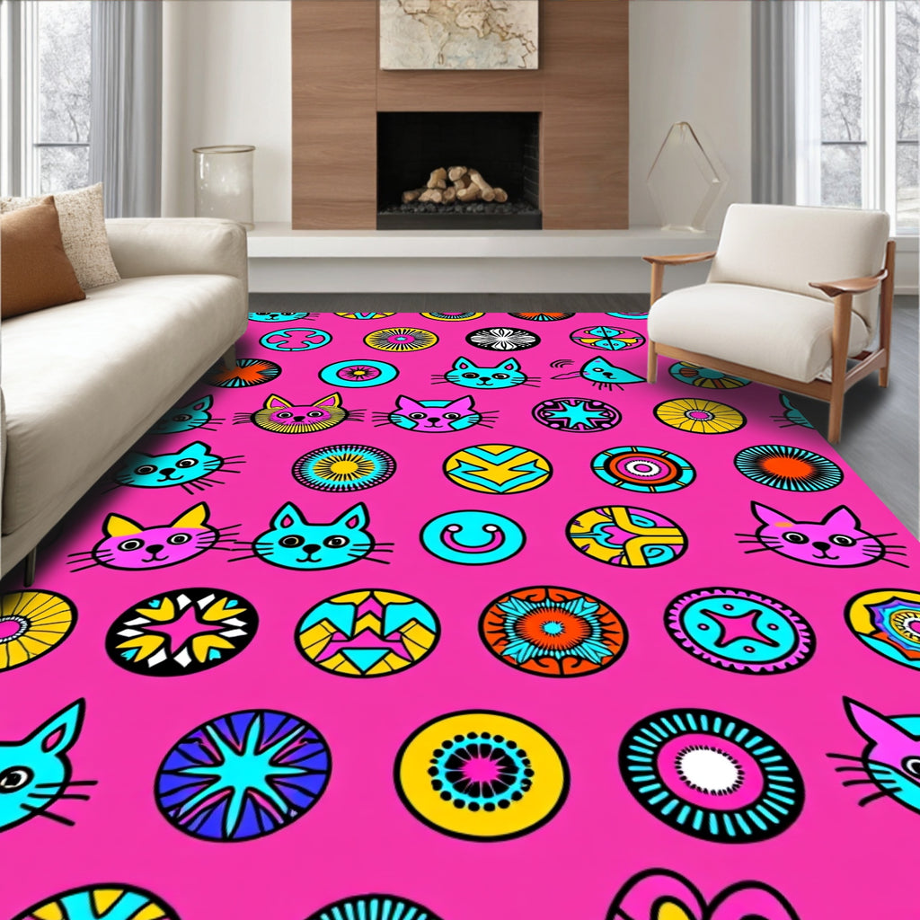 Pink Retro Cat Medallion Collage Rug