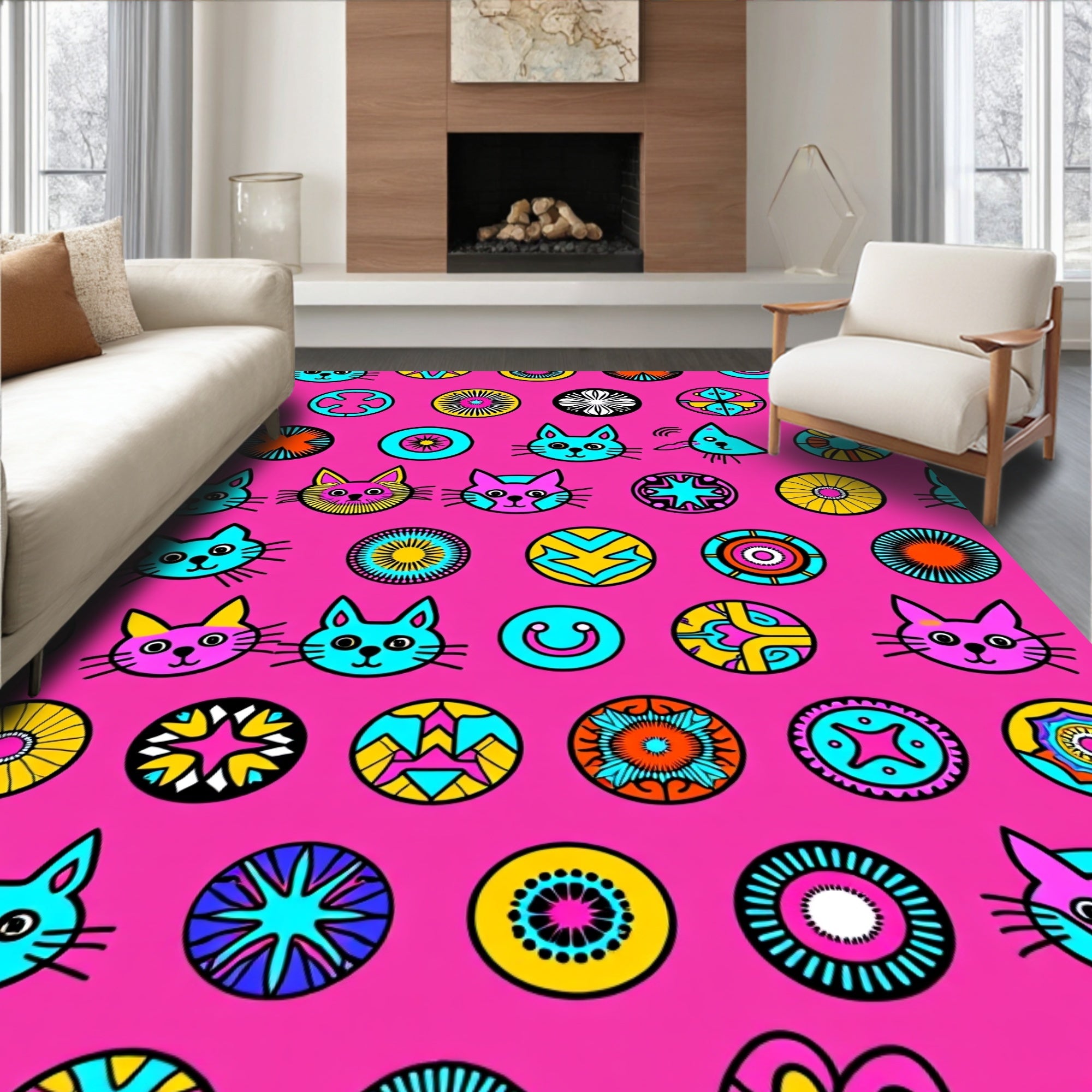 Pink Retro Cat Medallion Collage Rug