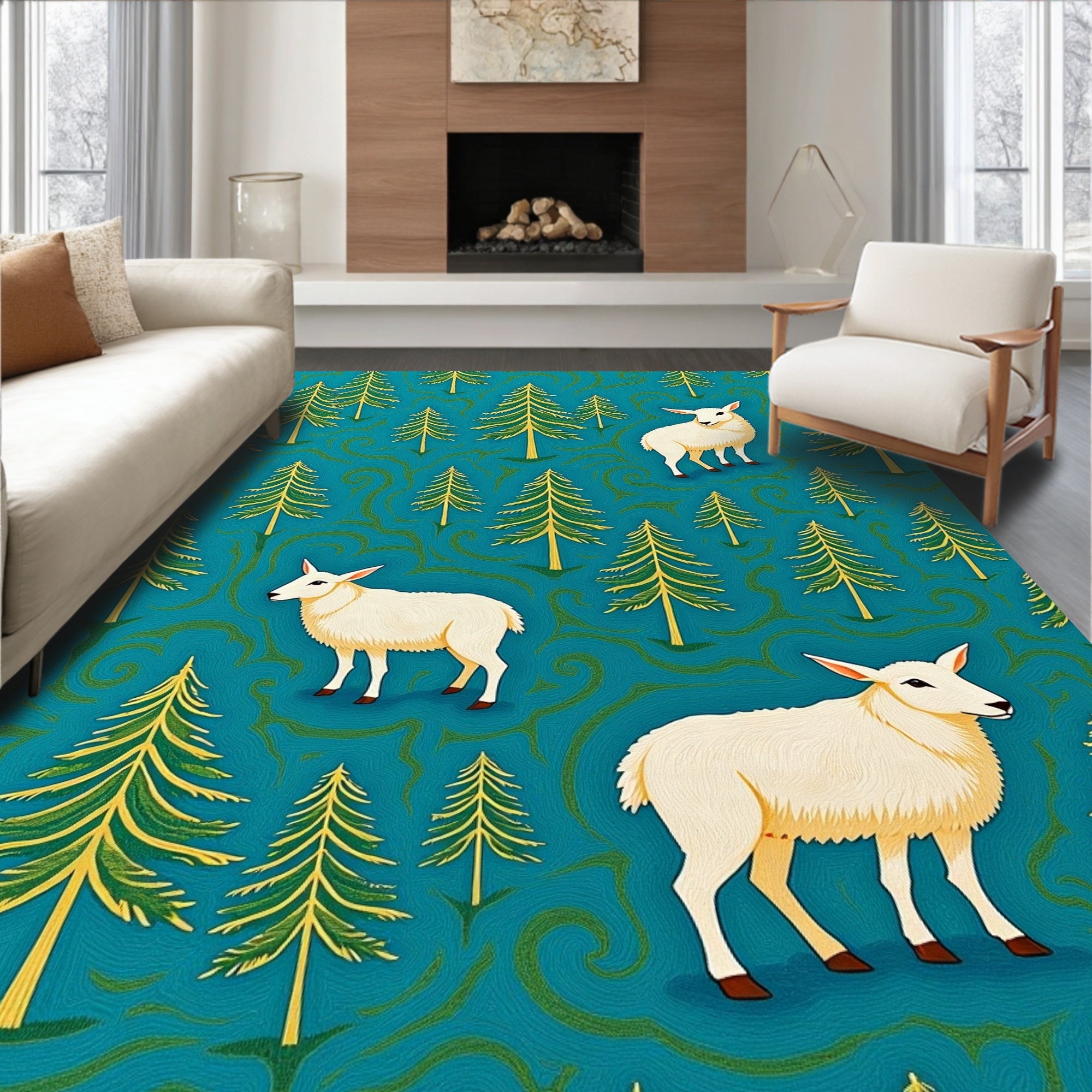Teal Forest Sheep Woodland Scene Rug