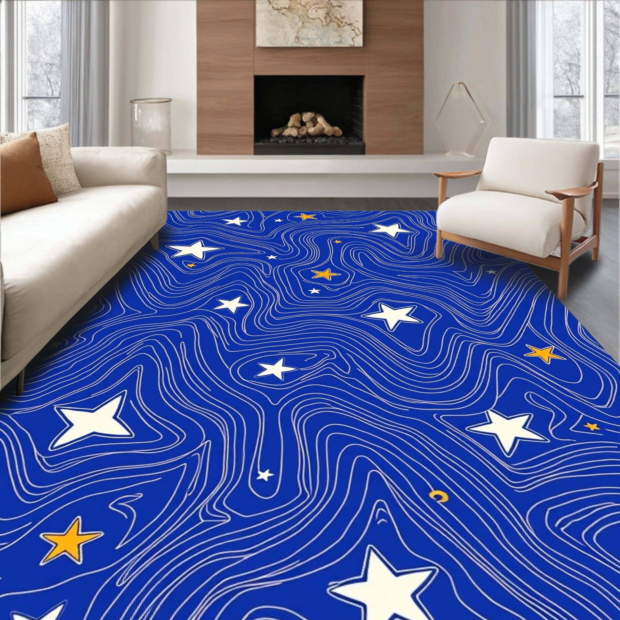 Midnight Blue Swirl Star Art Rug
