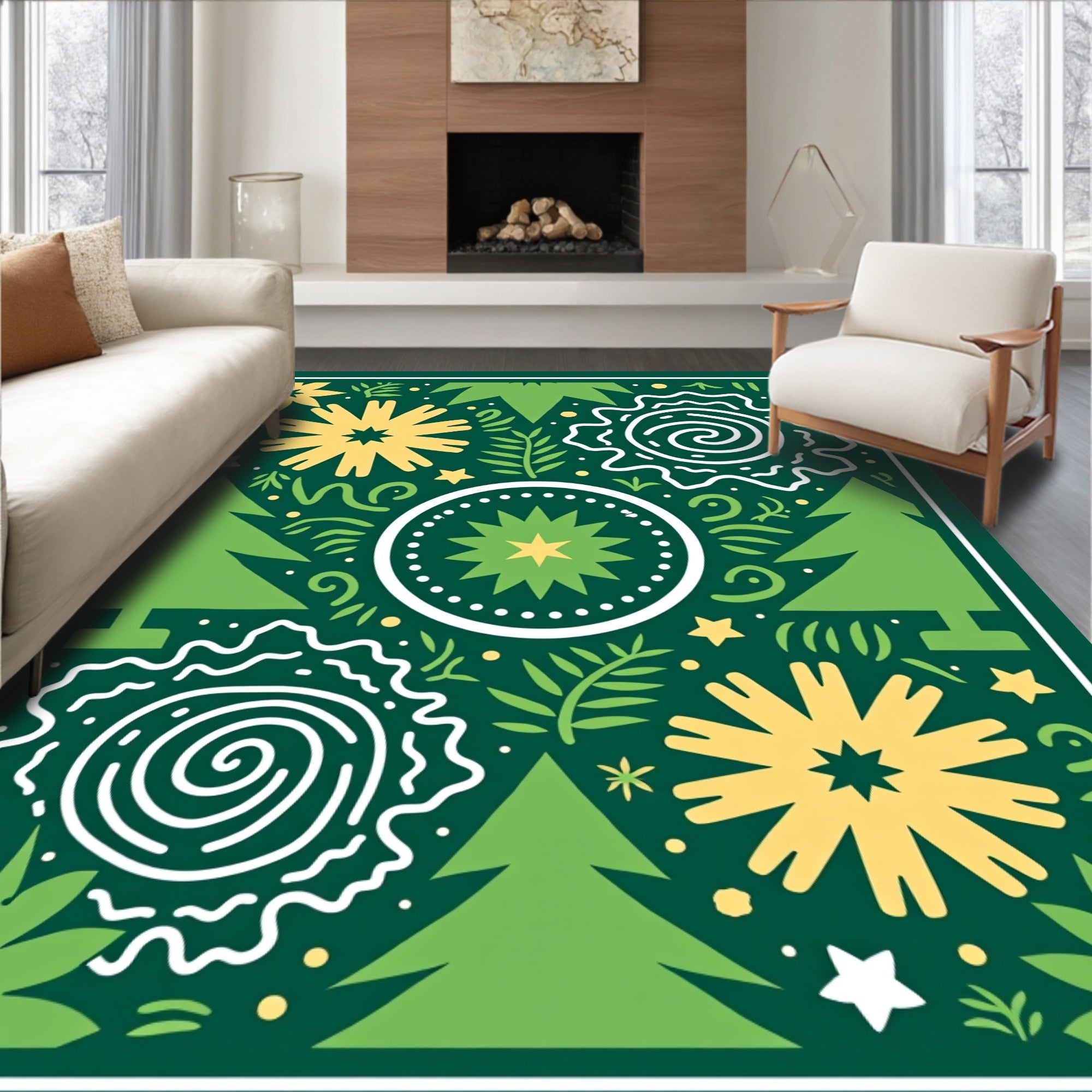 Festive Green Yellow Forest Celebration Rug