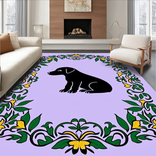 Black Puppy Garden Floral Garland Rug