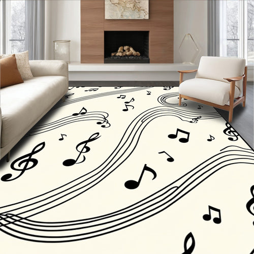 Black Musical Notes Ivory Flowing Lines Rug
