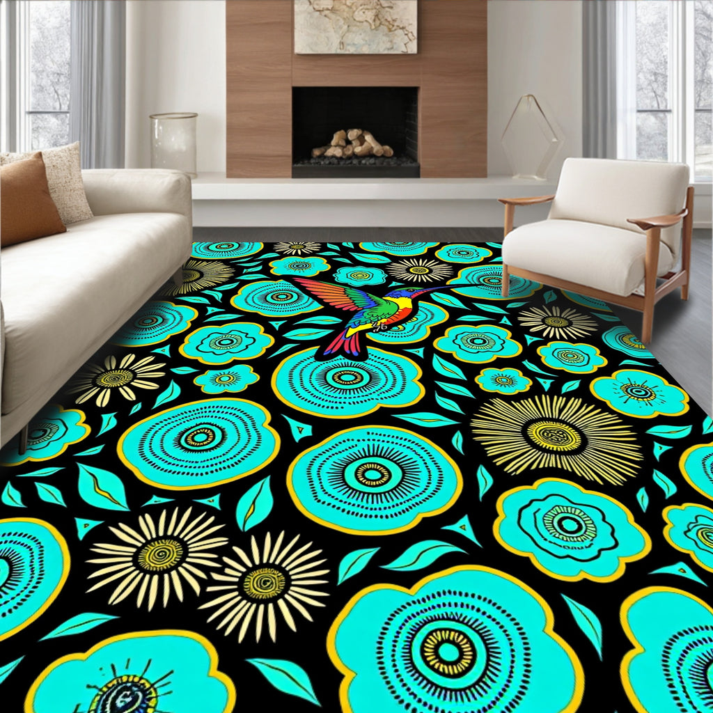 Vibrant Hummingbird Aqua Floral Medallion Rug