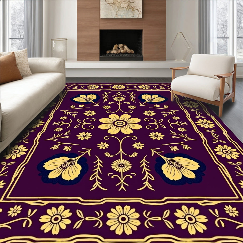 Deep Plum Yellow Floral Medallion Rug