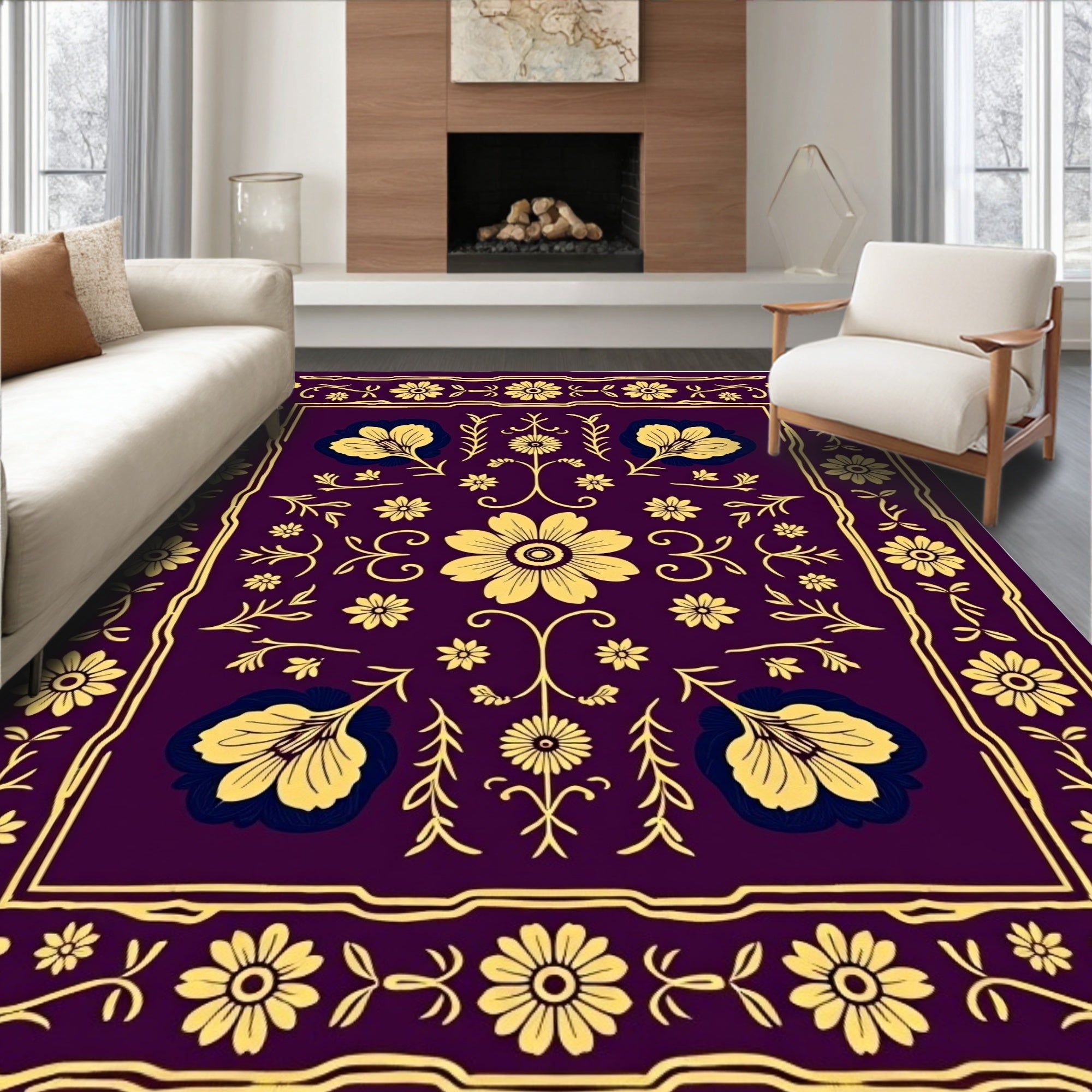 Deep Plum Yellow Floral Medallion Rug