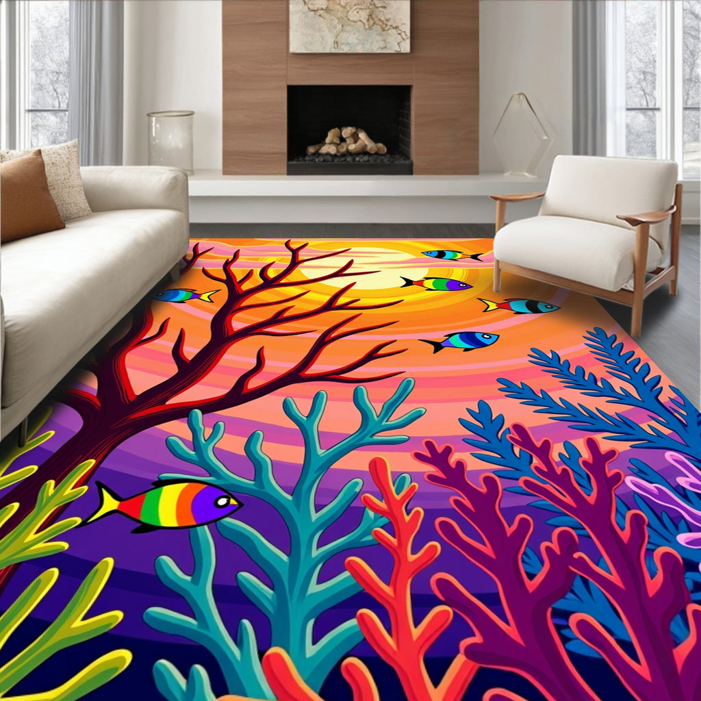 Vibrant Rainbow Fish Coral Sunset Rug