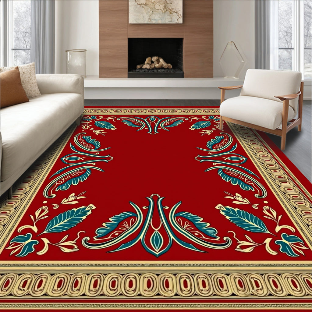 Crimson Red Teal Floral Border Rug