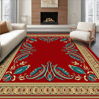 Crimson Red Teal Floral Border Rug