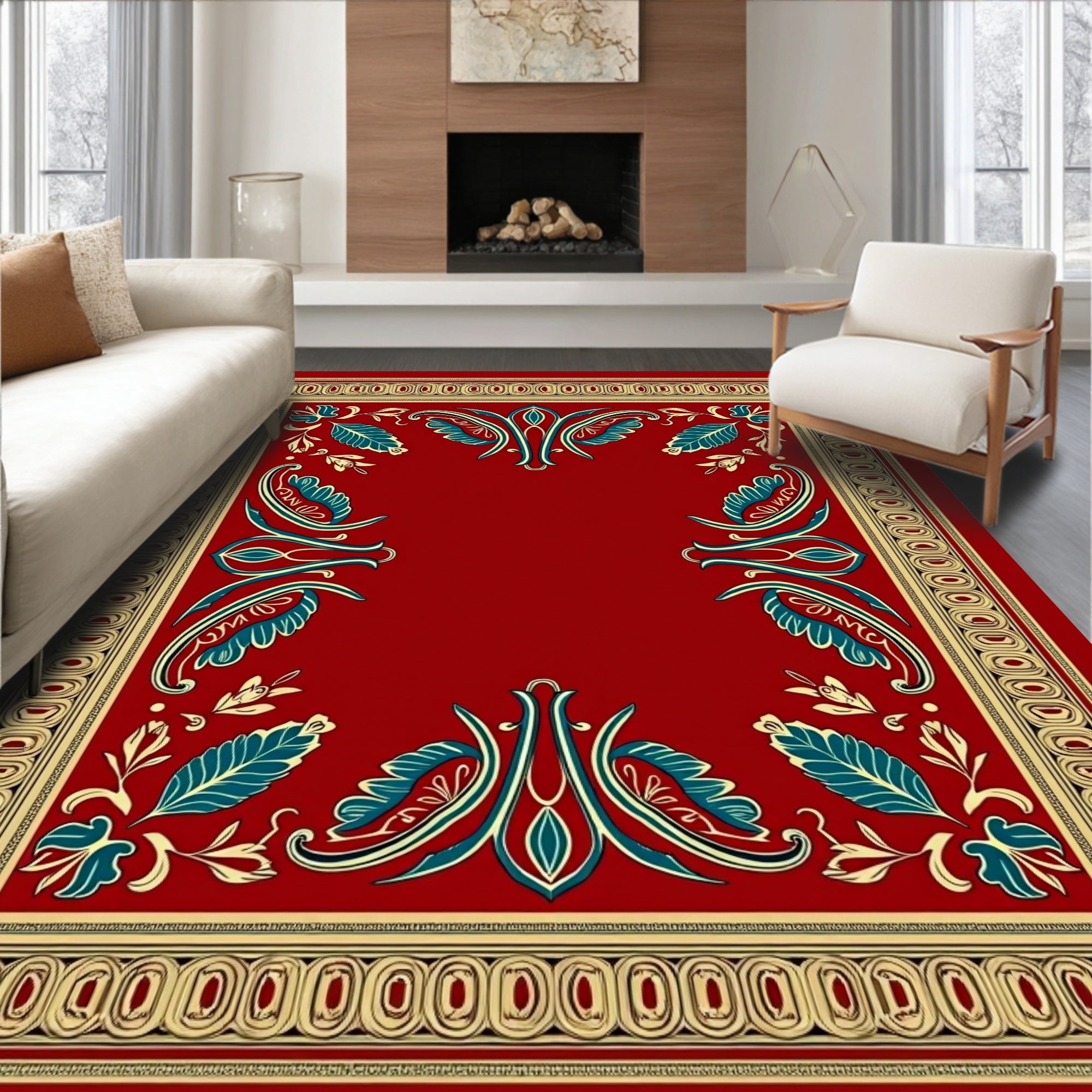 Crimson Red Teal Floral Border Rug
