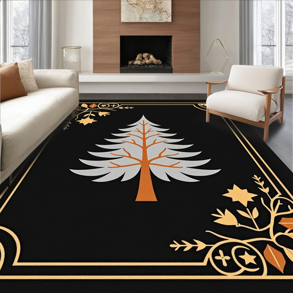 Black Woodland Tree Winter Scene Rug