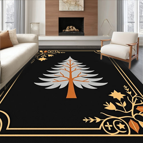 Black Woodland Tree Winter Scene Rug