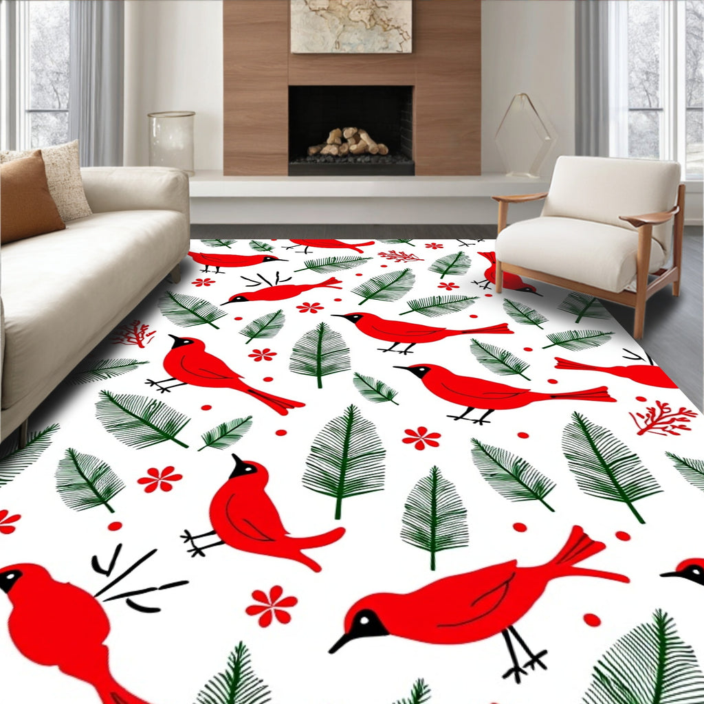 Red Cardinals Green Pine Sprigs Rug