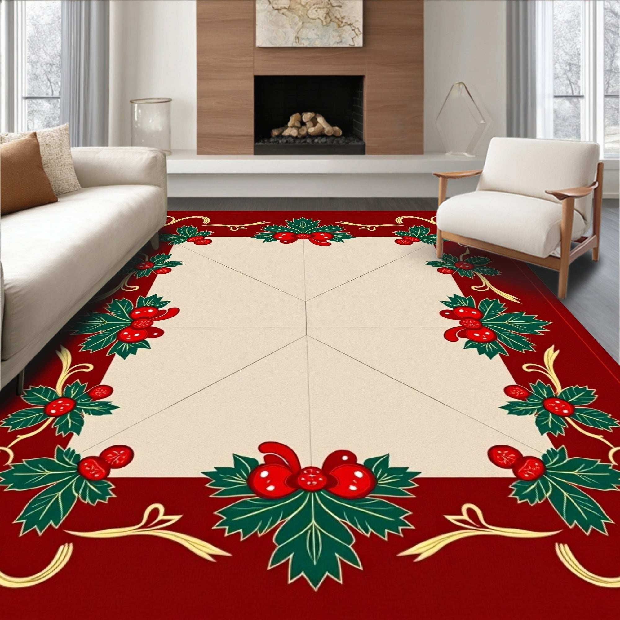 Red Festive Holly Berry Border Rug