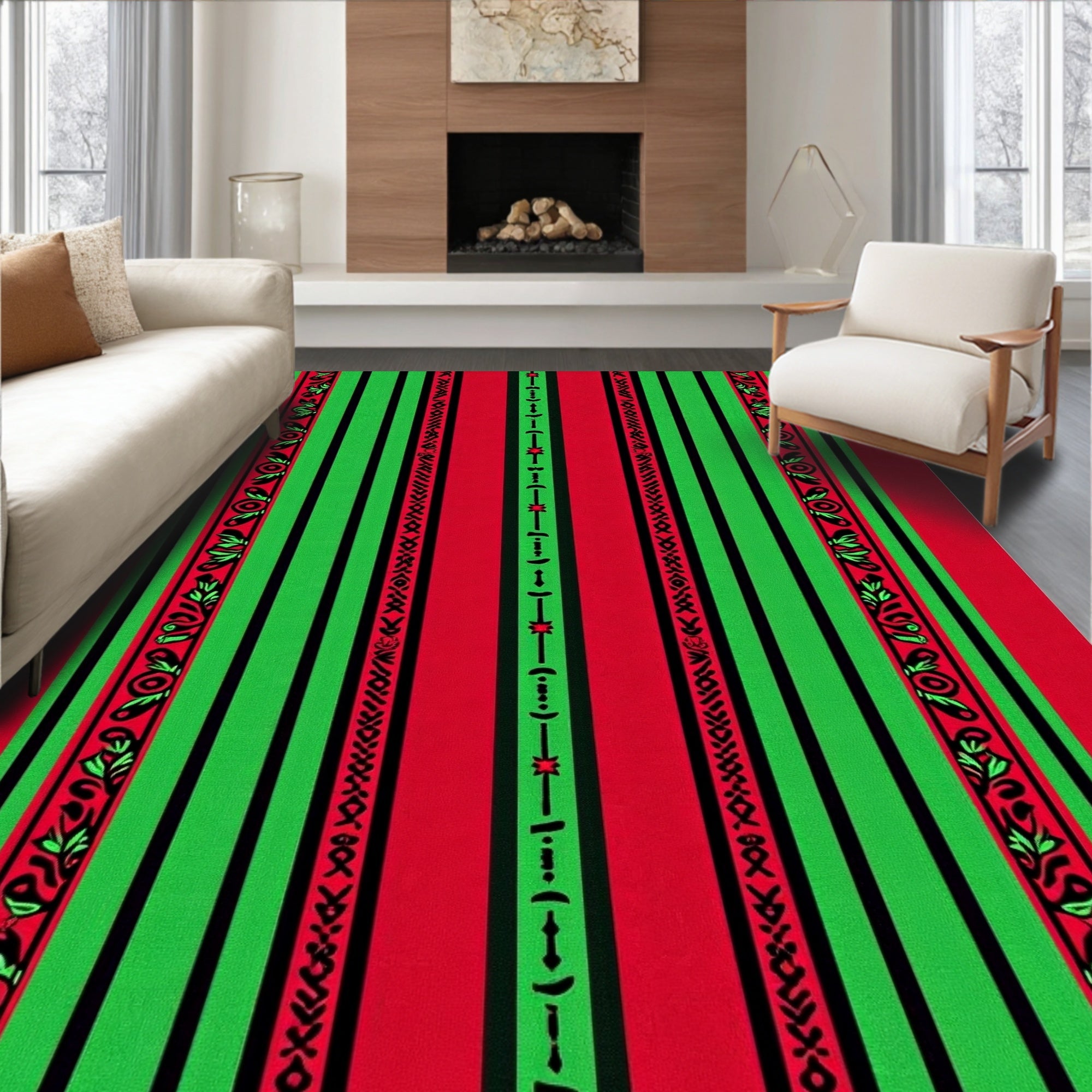 Bold Red Green Floral Stripe Rug
