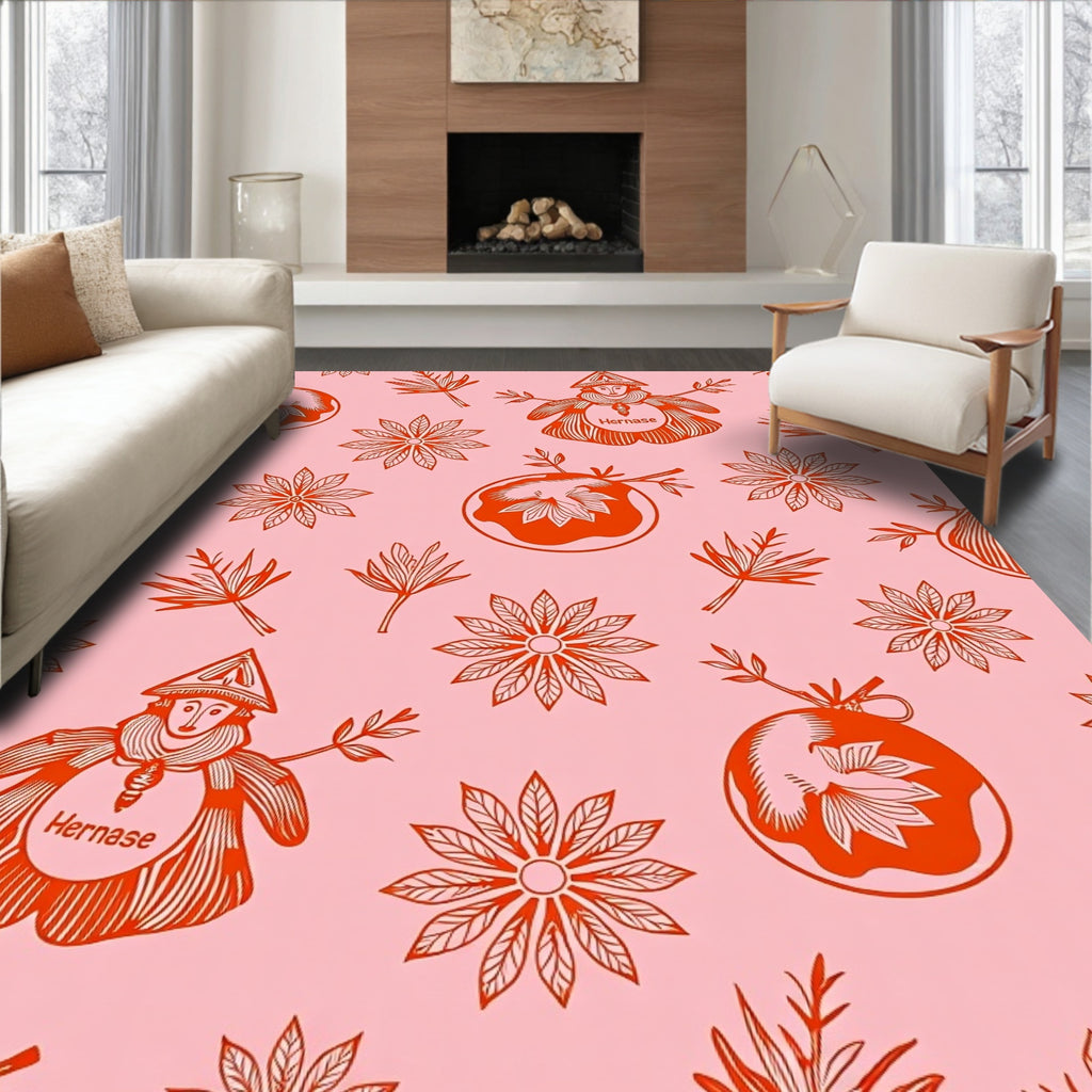 Red Floral Figures Pink Background Rug