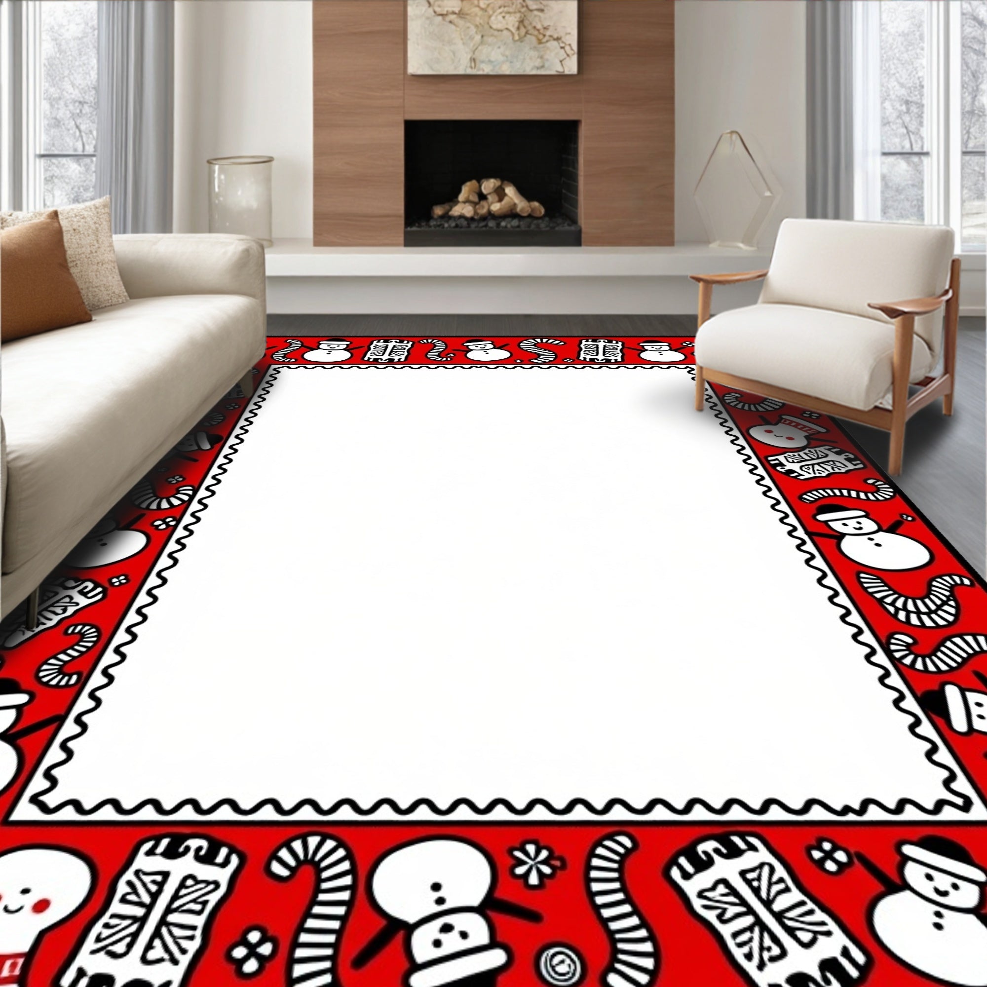 Red Snowman Candy Cane Festive Border Rug